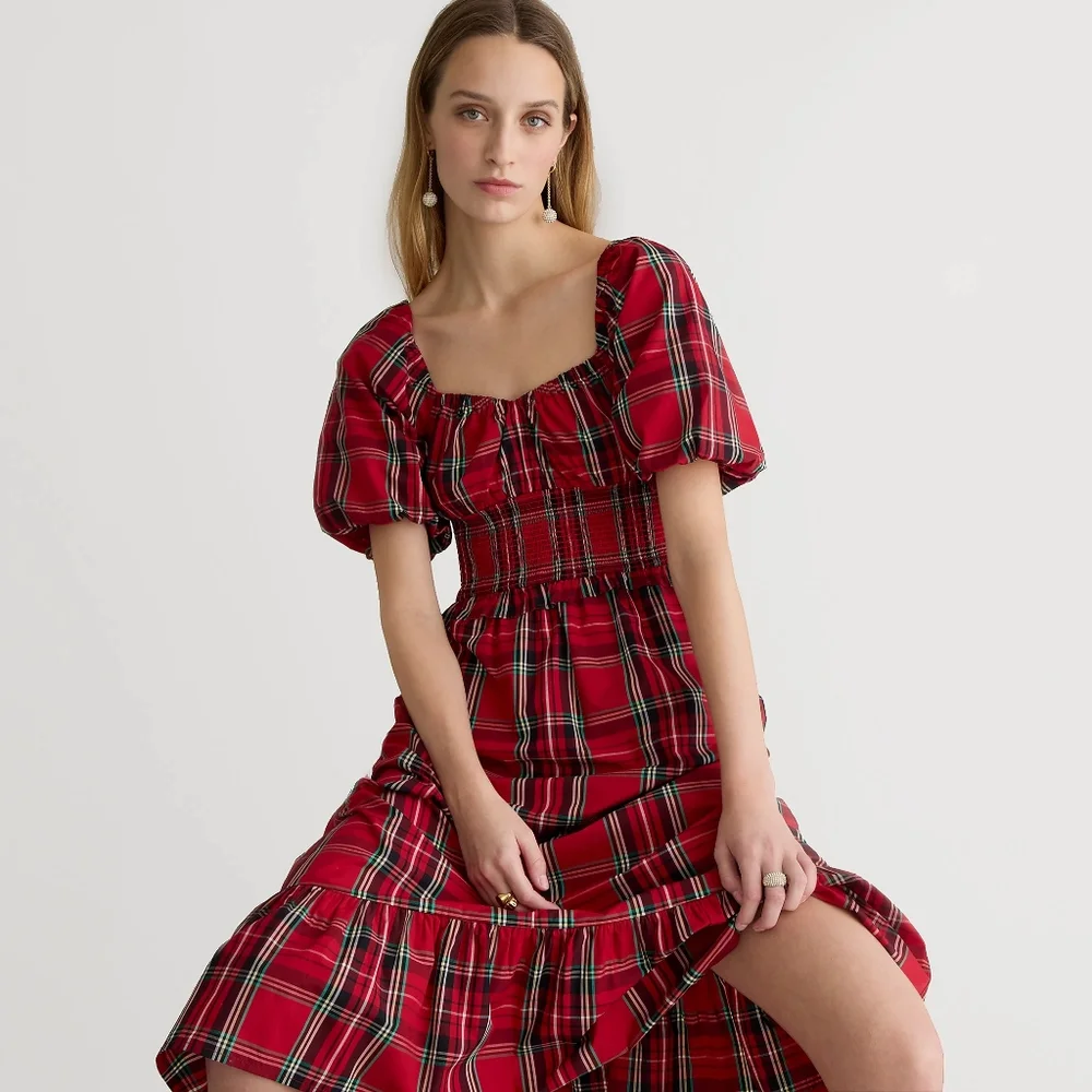 New! J.Crew sz Medium M Red Tartan Plaid Smocked Midi Dress NWT